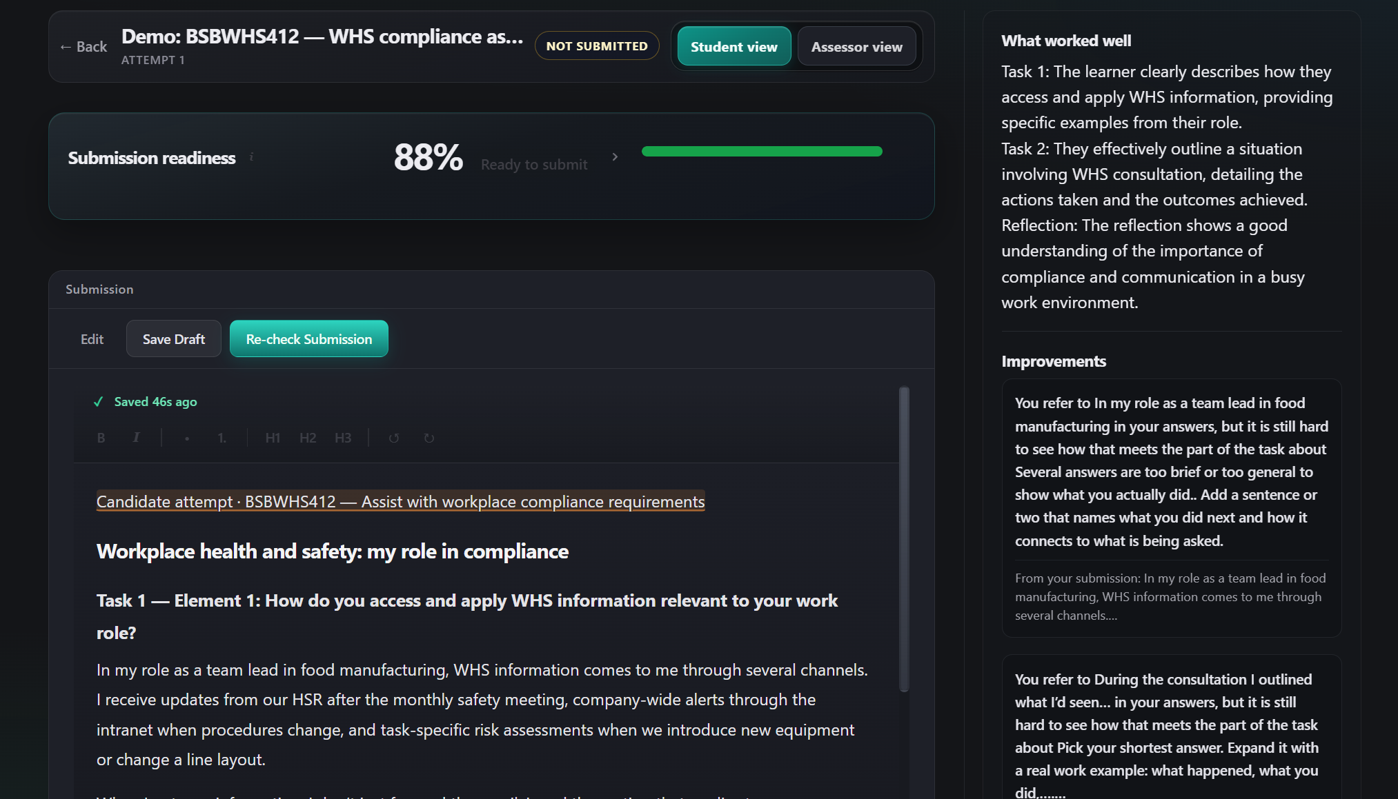 Submission Assist assessor review workspace
